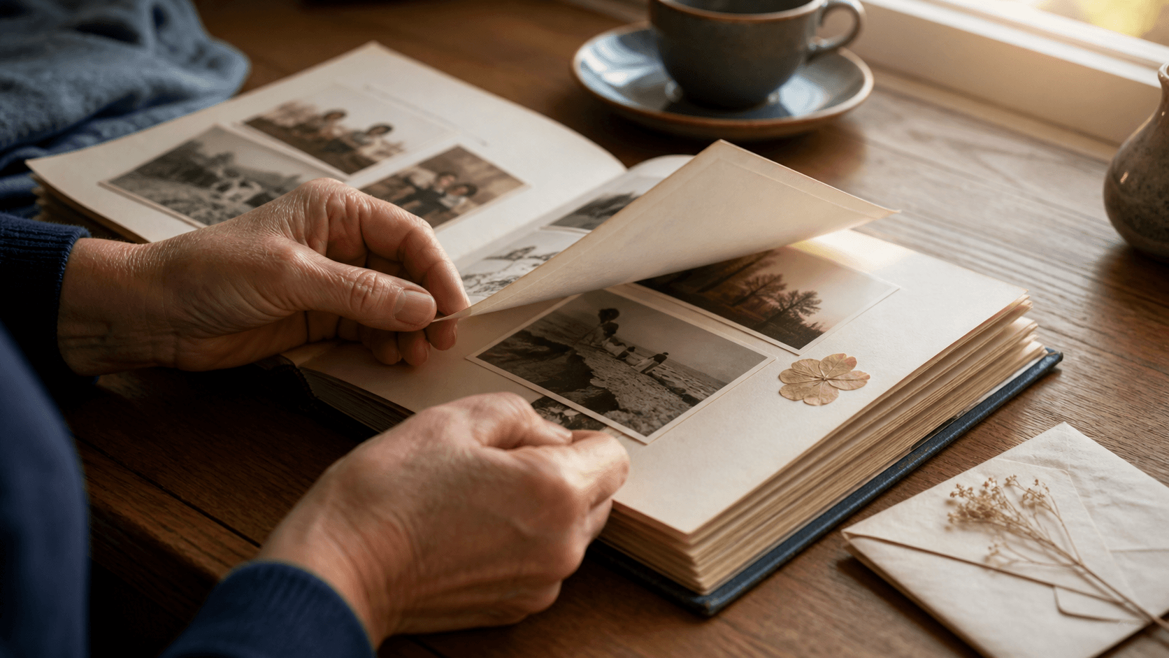 A family photograph album being curated for a memorial film