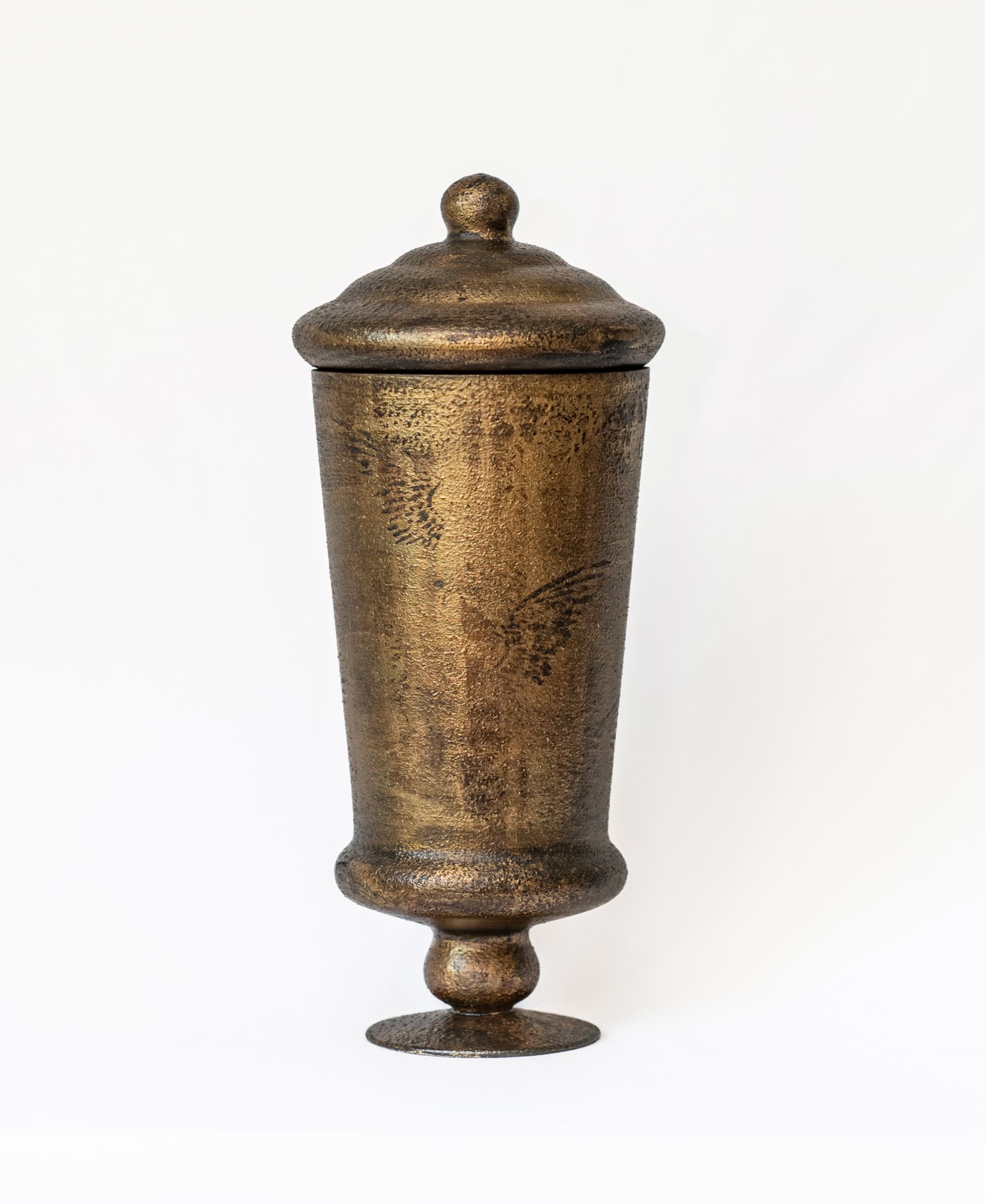 Tall bronze artist-made memorial vessel with a softly weathered finish