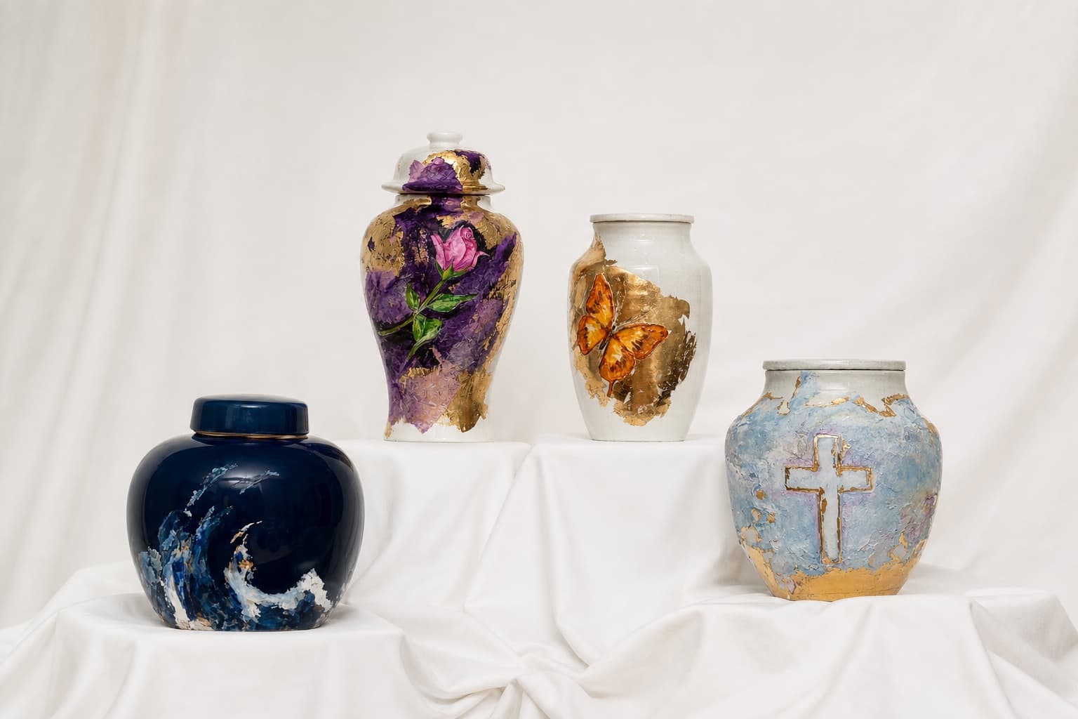 Four Symbolic Collection vessels arranged together on ivory draping